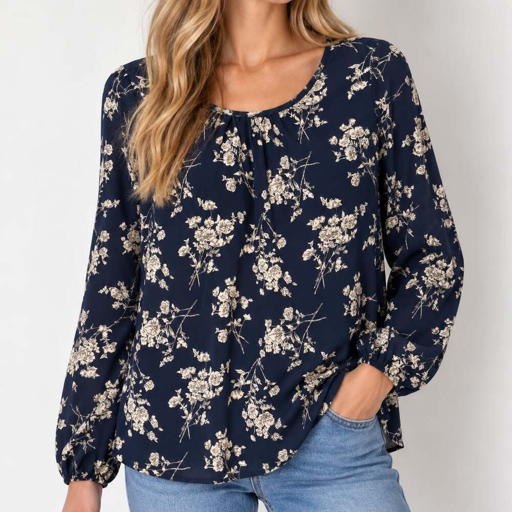 Emery Rose Navy Blue Floral Print Long Sleeve Blouse Gathered Neck
